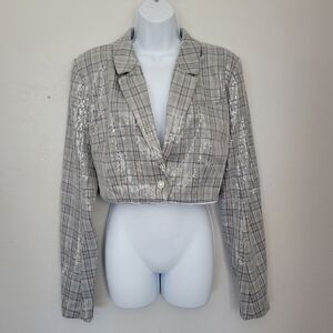 Lovers and Friends NWT Womens Small Cropped Plaid Blazer Sequin Sparkle Nazanine